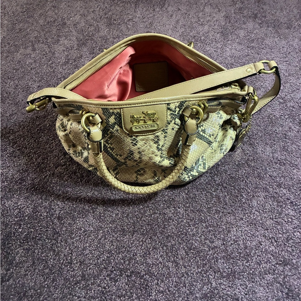 Coach Snake Print Leather Beige & Brown  Shoulder Bag w Detachable Strap - Picture 8 of 8